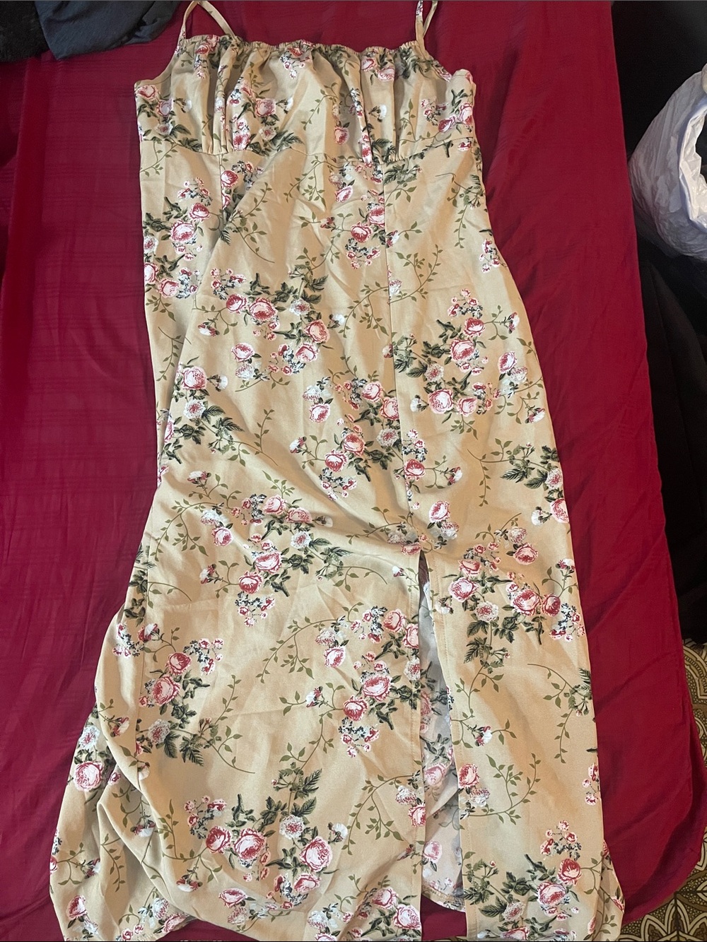 Floral Spaghetti Strap Midi Dress - Cream & Sage Green with Pink Roses